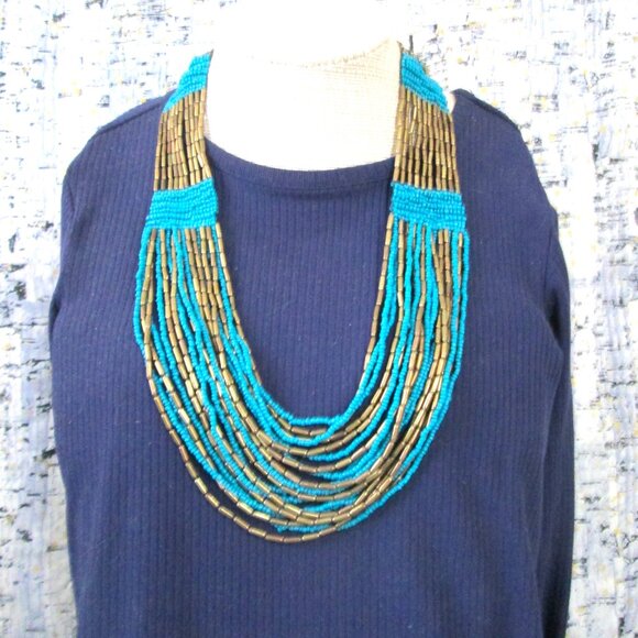 Jewelry - Vintage Statement Necklace - Turquoise & Gold 10 Strand Necklace Lobster Clasp